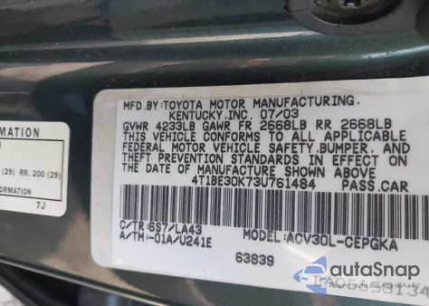 2003 Toyota Camry Xle z USA, uszkodzony, nr VIN 4T1BE30K73U761484